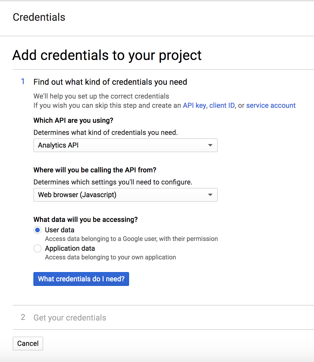 Google Analytics - Credentials Step 1