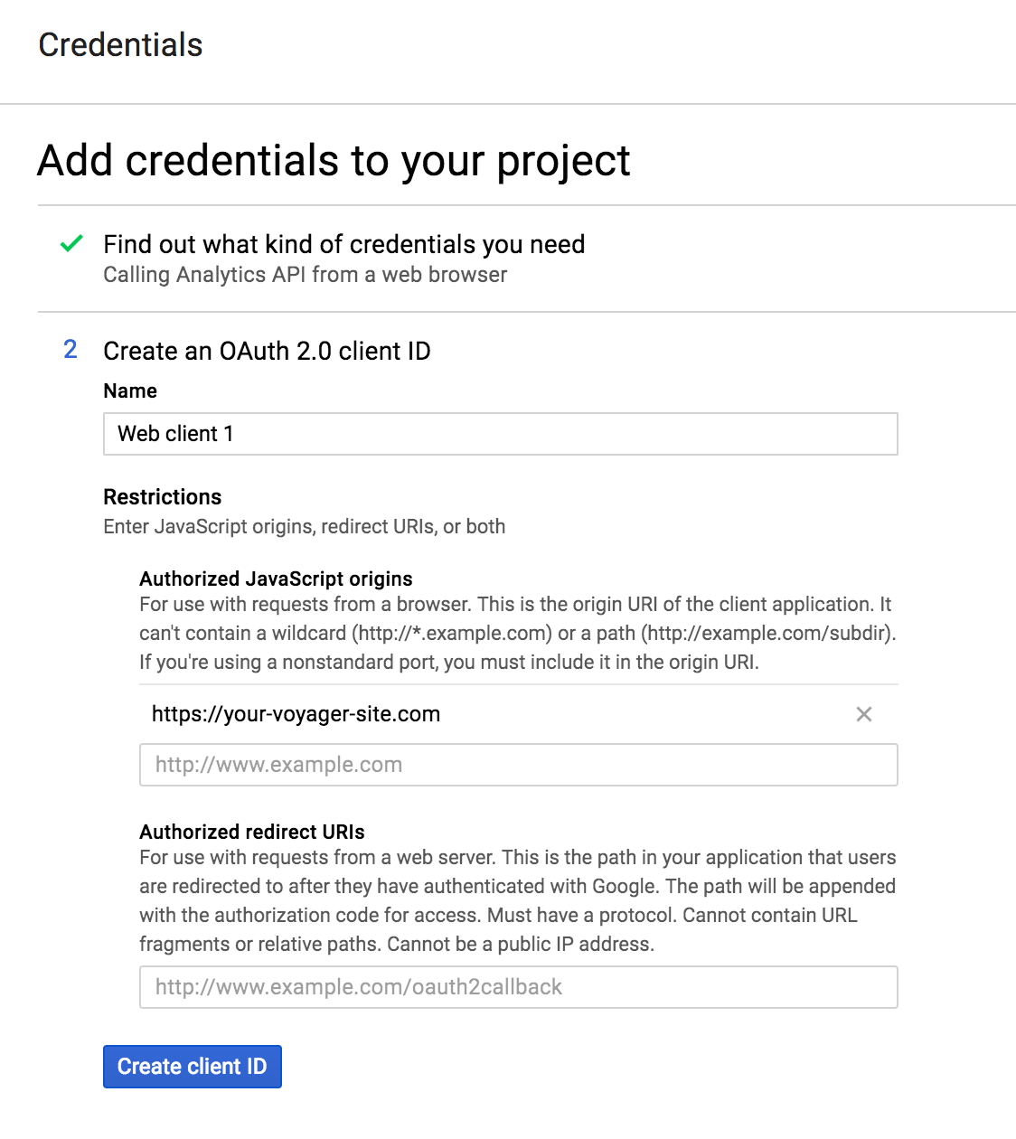 Google Analytics - Credentials Step 2